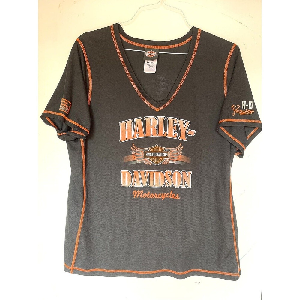 Harley Davidson XL Short Sleeve Women's Baseball Style Jersey Black Orange VA